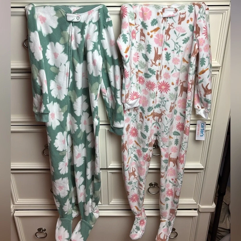 NWT 2 Pc Set Carter's Fleece Green Pink Deer White Forest Footie Nonslip Sole